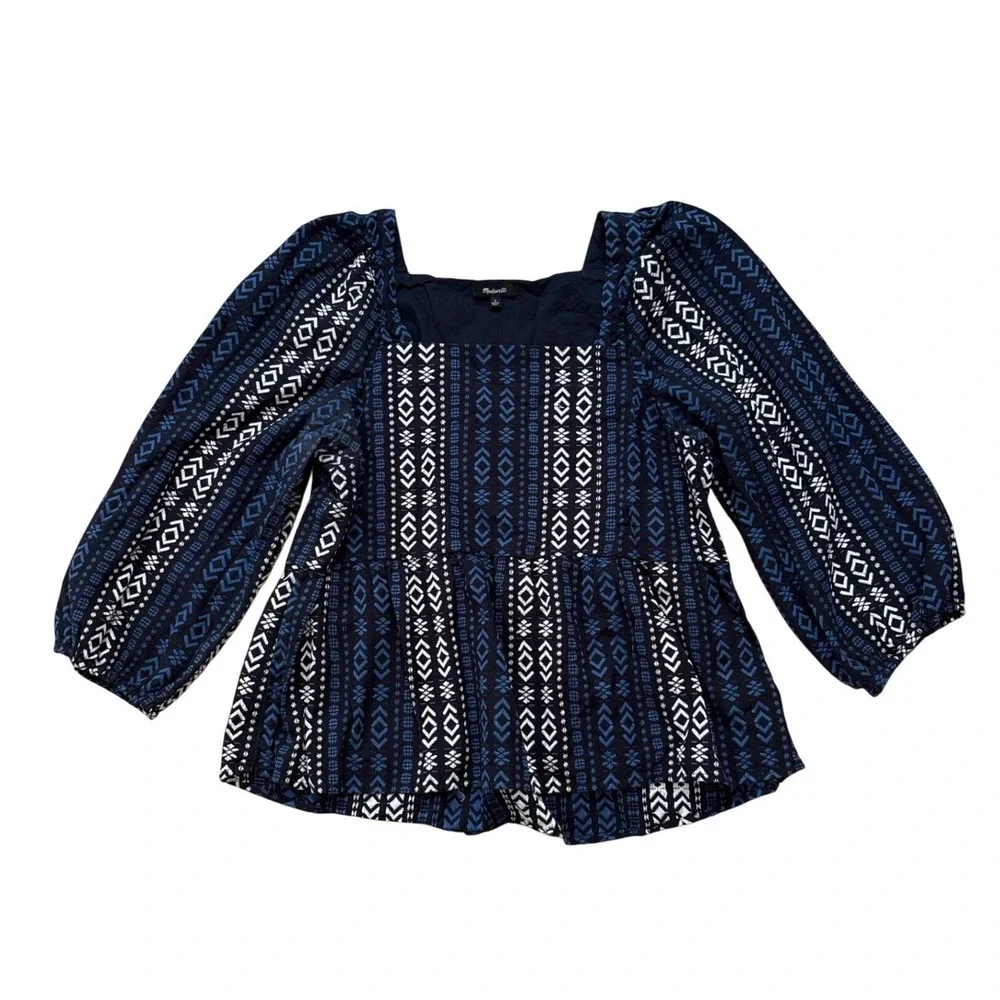 Madewell Peplum Top Women Blue Geometric Boho Square Neck Puff Sleeve SIZE L